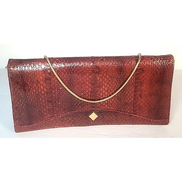 Snakeskin Clutch with Gold Chain Brown Snake Shoulder Bag Purse 70's Very Nice - Picture 1 of 16